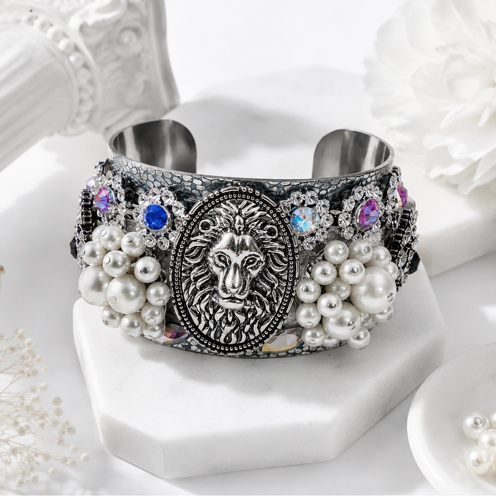Rubyrudi Artisan Up Cycled Cuff Bracelet Handcrafted Assemblage Lion Statement